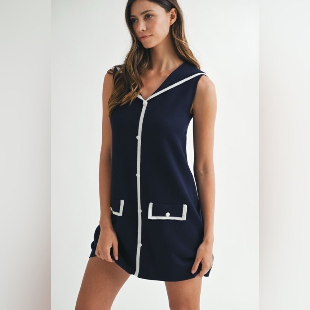Navy Sleeveless Dress with White Trim